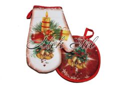 Комплект коледен текстил ръкавица с ръкохватка - Коледна свещичка 